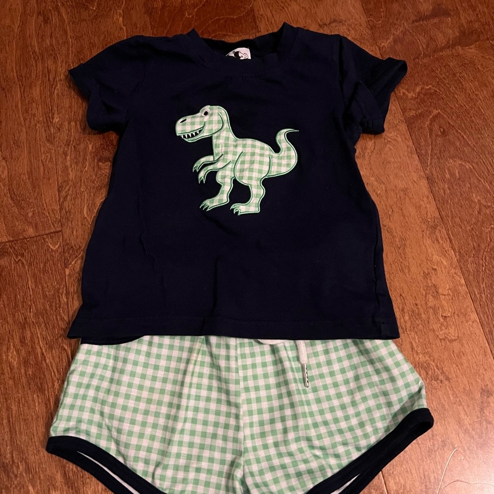 Navy Dinosaur T-Shirt and Green Checkered Shorts Set
